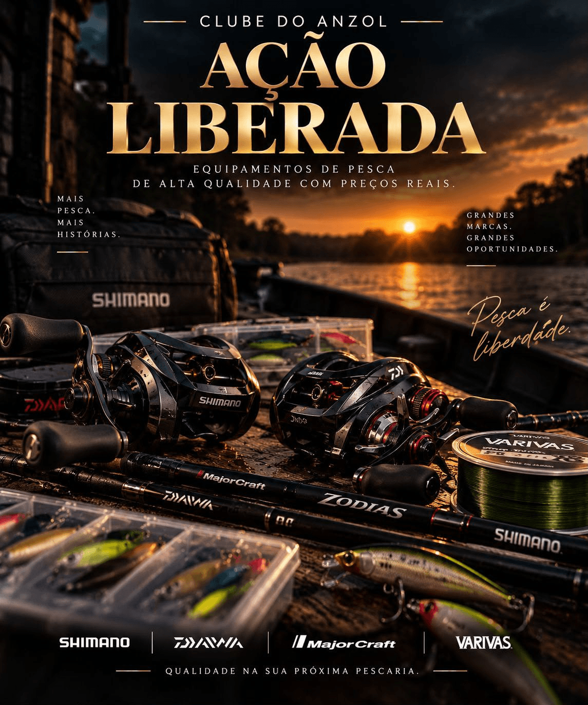 Arte da ação liberada do Clube do Anzol com equipamentos de pesca